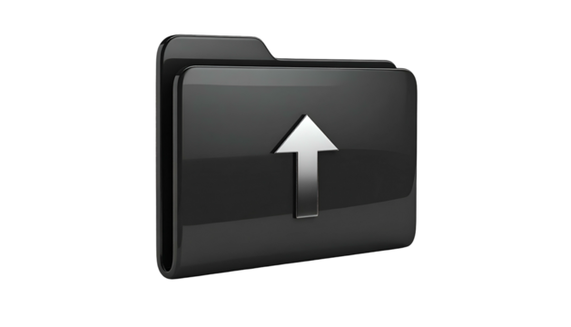 Glossy black folder icon with upload arrow symbol, isolated on a black background - Powered by Adobe