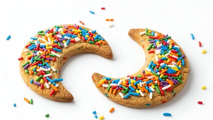 Two crescent-shaped cookies with colorful sprinkles on a white background