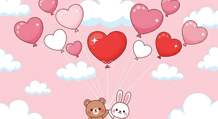 Cute Bear and Rabbit with Heart Balloons Cartoon Illustration