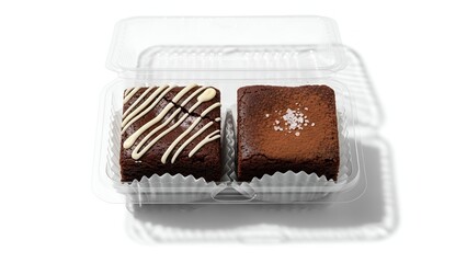 Two chocolate brownies with decorative toppings in a clear container on a white background
