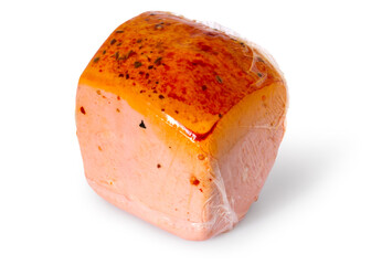 Square sausage in vacuum packaging on a white background. Spicy meat sausage