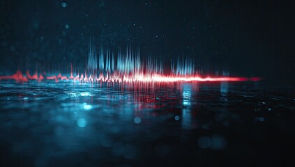 Glowing red and blue sound wave visualizes on a dark, wet surface with reflections