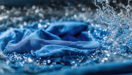 Fototapeta premium Blue fabric submerged in dynamic water splashes, creating a clean sensation