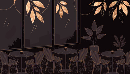 Sophisticated Dark Coffee Shop Illustration with Gold Accents and Minimalist Line Art for Upscale Cafe Branding