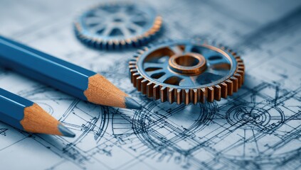Precision gears and pencils rest on complex technical blueprints, signifying design