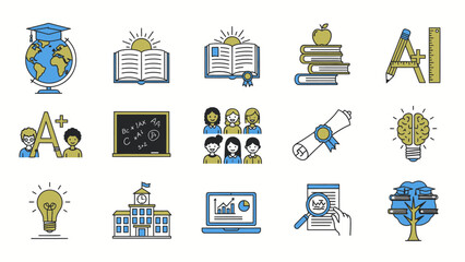 Obraz premium Education Icons Set: Learning, Knowledge, School, Graduation, Brainstorming, AI