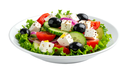 A fresh Greek salad, with tomatoes, feta, olives, onions, and cucumbers in a white bowl