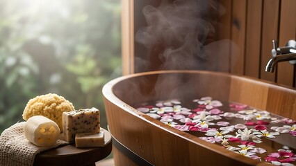 Relaxing bath with flower petals and steam in a wooden tub