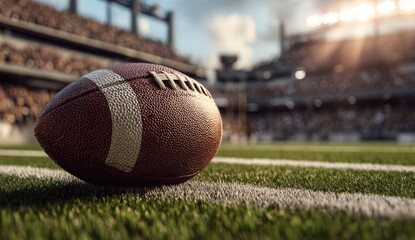 A football rests on a grassy field in a stadium with cheering fans