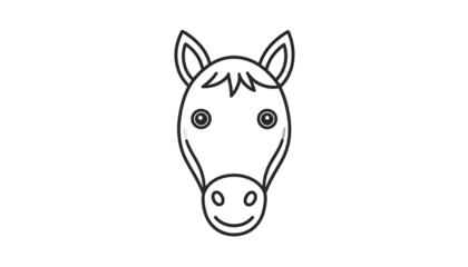 Front-facing monochrome equine head. Outlined with white accenting the ears, eyes, and muzzle