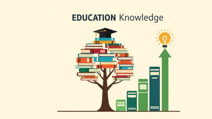 Education knowledge concept with tree books graduation cap