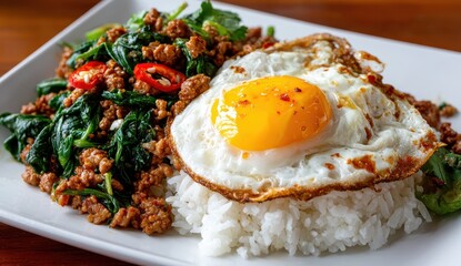 Authentic Thai Pad Kra Pao - Spicy Minced Pork, Holy Basil, Steamed Rice, Fried Egg.