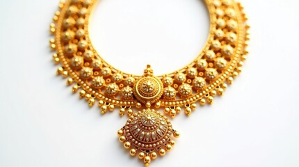 Intricate gold necklace with hanging pendant