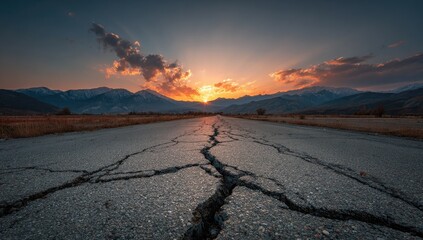 Cracked asphalt road leads towards dramatic sunset over distant mountains