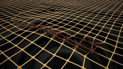 Fototapeta premium Barbed Wire on Rope Netting Texture Dark Abstract. Concept featuring barbed wire, rope netting, texture, dark, abstract.