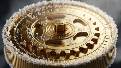 Obraz premium Golden Gear with Frosted Edges Mechanical Component Close-Up Metallic Texture. Concept featuring golden gear, frosted edges, mechanical component, close-up, metallic texture.