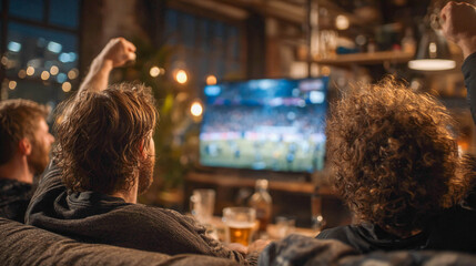 A group of friends in a cozy room/bar is watching a sports broadcast on TV and emotionally supporting their team — raised hands, applause, and joyful emotions.