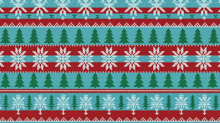 Christmas sweater pattern with snowflakes and trees in red and blue  