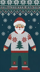 Cartoon Santa wearing knitted sweater with Christmas design  