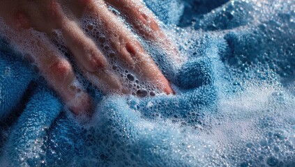 Fototapeta premium A hand gently rubs a soft blue fabric covered in cleansing foam