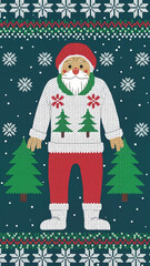 Christmas-themed illustration of man in festive sweater with trees  