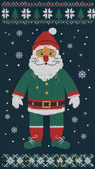 Santa Claus illustration in colorful knit design on dark background  
