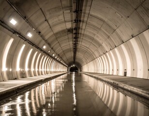 Fototapeta premium Long, arched, illuminated tunnel, with reflective water below