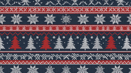 Christmas sweater pattern with trees and snowflakes in red and blue  
