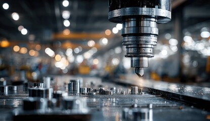 Close up of a milling machine bit precisely working on metal in a factory