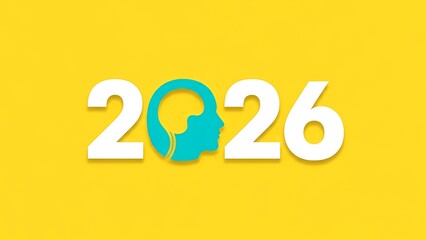 Year 2026 with a human head silhouette containing a brain graphic in the number two, bright yellow background