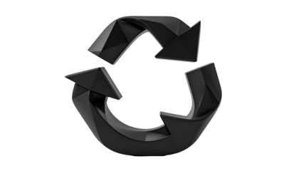 A glossy, polygonal, black recycling symbol against a black background