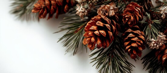 Obraz premium Pinecones and evergreen branches creating winter holiday border