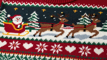 Christmas sweater design featuring Santa and reindeer with snowflakes  