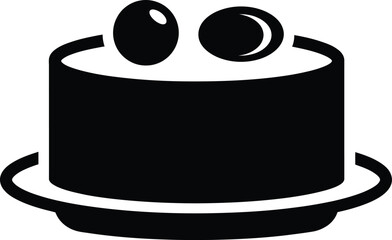 Simple black and white illustration of a round cake with two toppings