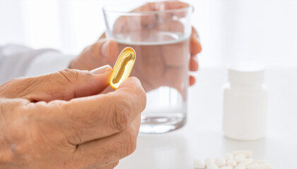 Vitamin supplement bottle hand wellness immunity health healthcare nutrition prevention daily medicine softgel capsule held by mature hand with glass of water and pills on table promoting wellbeing