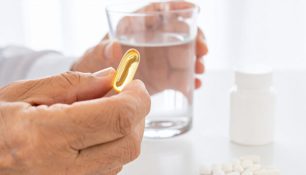 Vitamin supplement bottle hand wellness immunity health healthcare nutrition prevention daily medicine softgel capsule held by mature hand with glass of water and pills on table promoting wellbeing