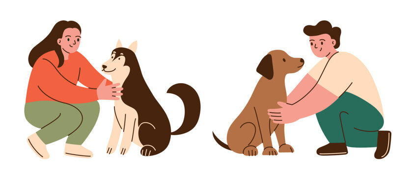 Flat cartoon vector illustration of dog owners with pets, woman with husky and man with labrador crouching and petting dogs, friendly social scene, warm lifestyle mood for pet care, walking