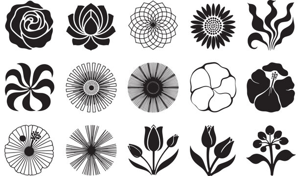 Collection of various black and white flower illustrations on a plain white background.