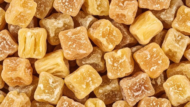 Sweet candied ginger cubes coated in white sugar, traditional spicy snack