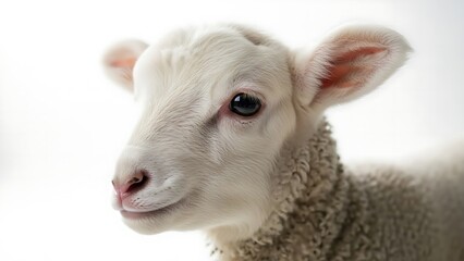 Obraz premium Newborn lamb portrait in spring meadow with flowers, soft sunlight, shallow depth of field, peaceful rural scene.