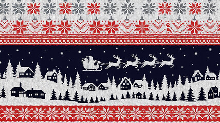 Christmas sweater pattern with Santa flying over snowy village  