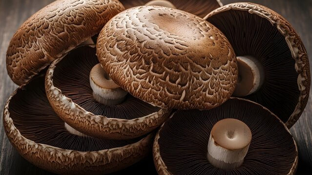 Large brown portobello mushroom caps, fresh organic fungi for culinary use