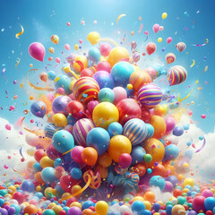 a joyful burst of balloons and confetti