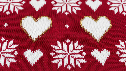 Knitted red pattern with hearts and snowflakes for winter decor  