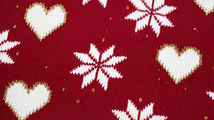 Red fabric with white snowflakes and heart patterns in knit design  