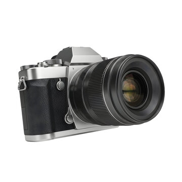 Black and white digital camera with lens on a dark background photography equipment