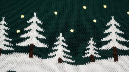 Christmas sweater pattern with snow-covered trees and stars  