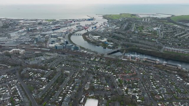 Aberdeen, Scotland UK, Panoramic Drone Shot of City Harbor, River Dee, Streets and Buildings