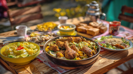 Obraz premium Traditional Outdoor Mediterranean Feast with Roasted Chicken and Fresh Salads on Wooden Table