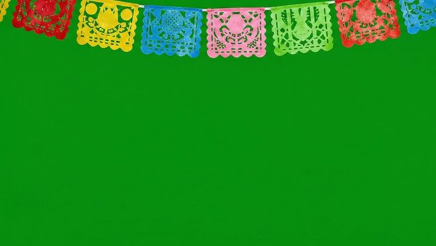 Colorful Confetti Falling on Green Screen with Papel Picado Banners.